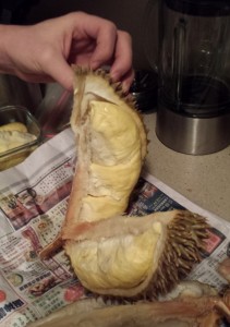 Splitting the durian to remove fruit